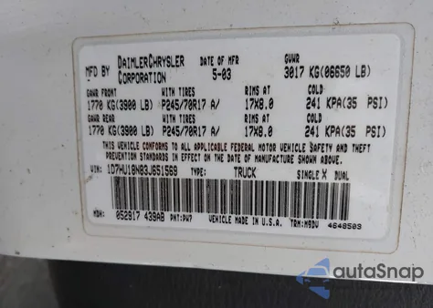 2003 Dodge Ram 1500 Slt/Laramie/St z USA, uszkodzony, nr VIN 1D7HU18N83J651569